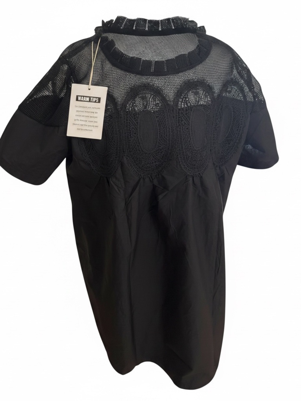 Black Short Sleeve Dress with Crochet Yoke